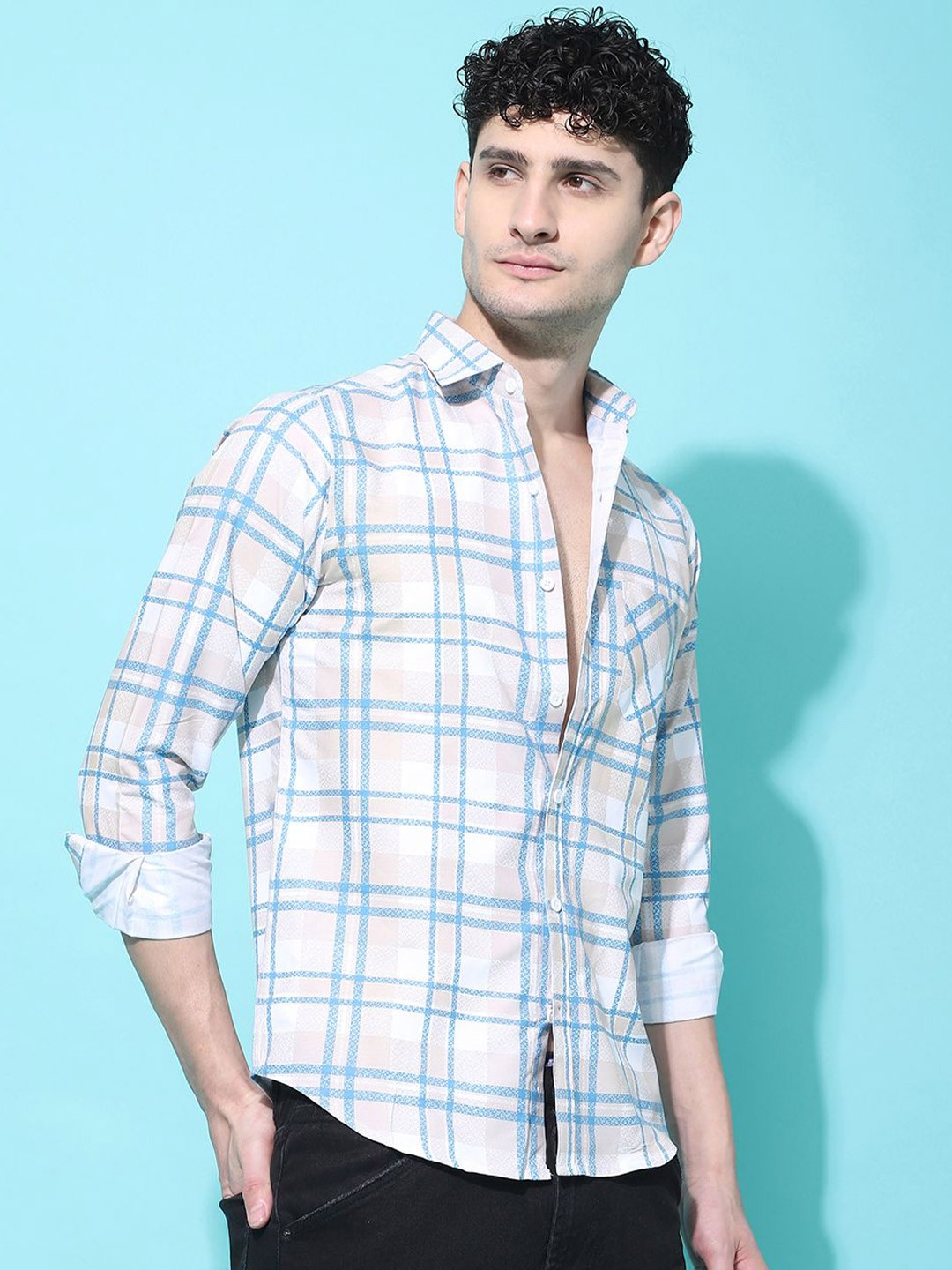 

Metronaut Men Regular Fit Spread Collar Checked Cotton Casual Shirt, Beige
