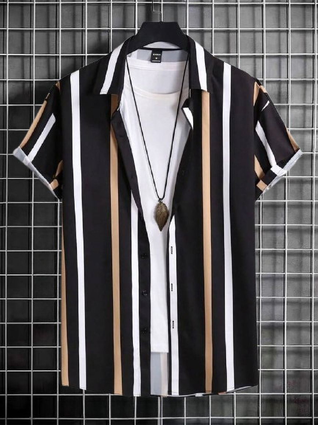 

iCome Men Spread Collar Vertical Striped Casual Shirt, Black