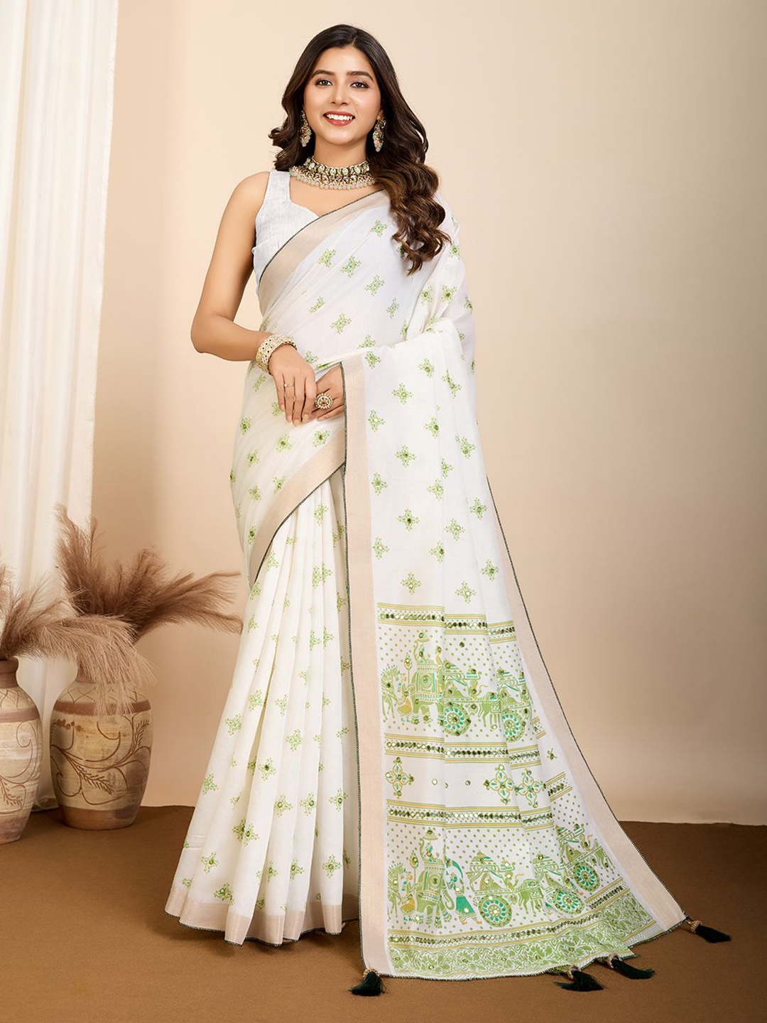 

bansari textiles Ethnic Motifs Zari Silk Blend Designer Banarasi Saree, Lime green