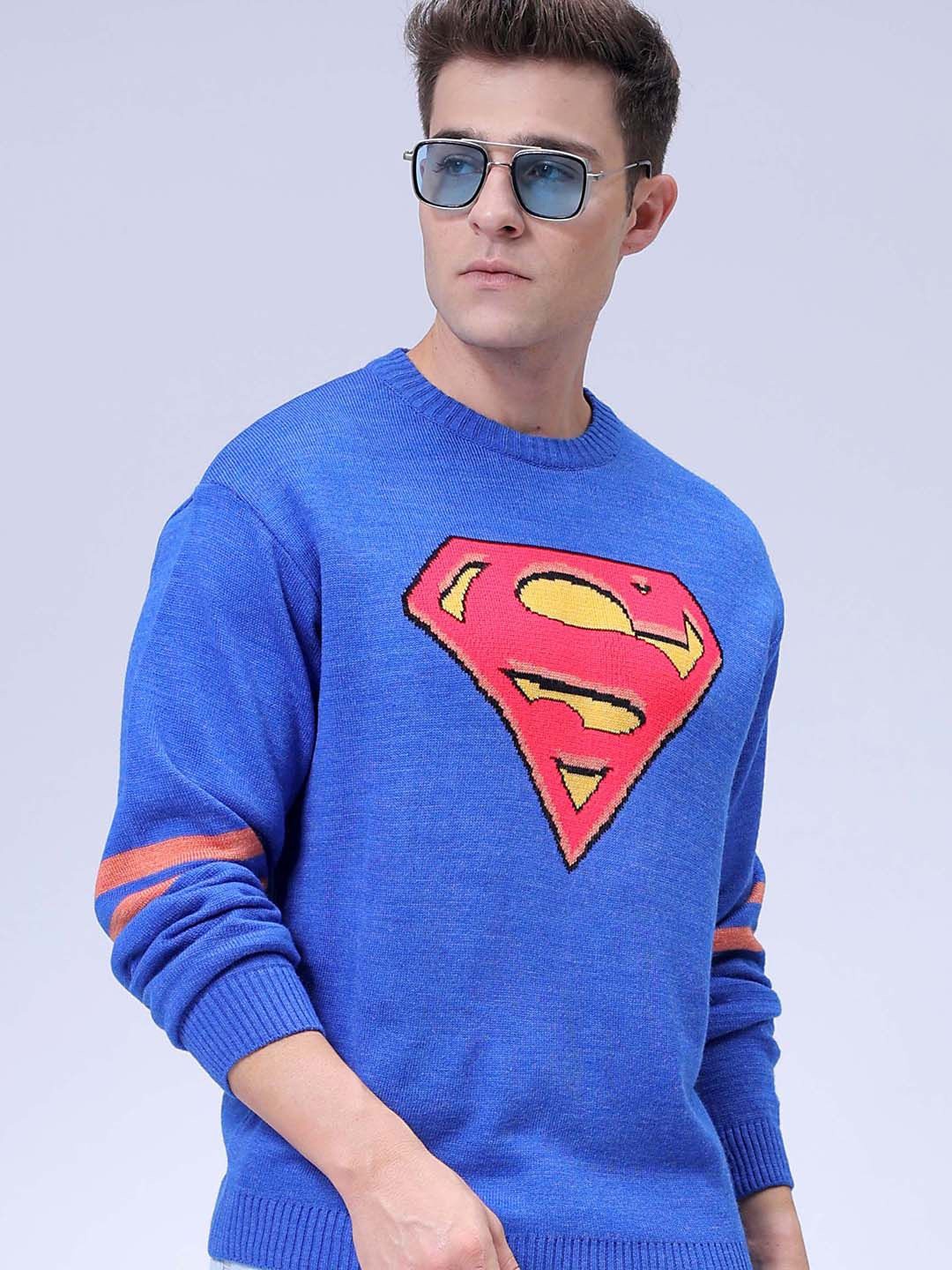 

The Indian Garage Co Men Superman Printed Crew Neck Relaxed Fit Jacquard Sweater, Blue