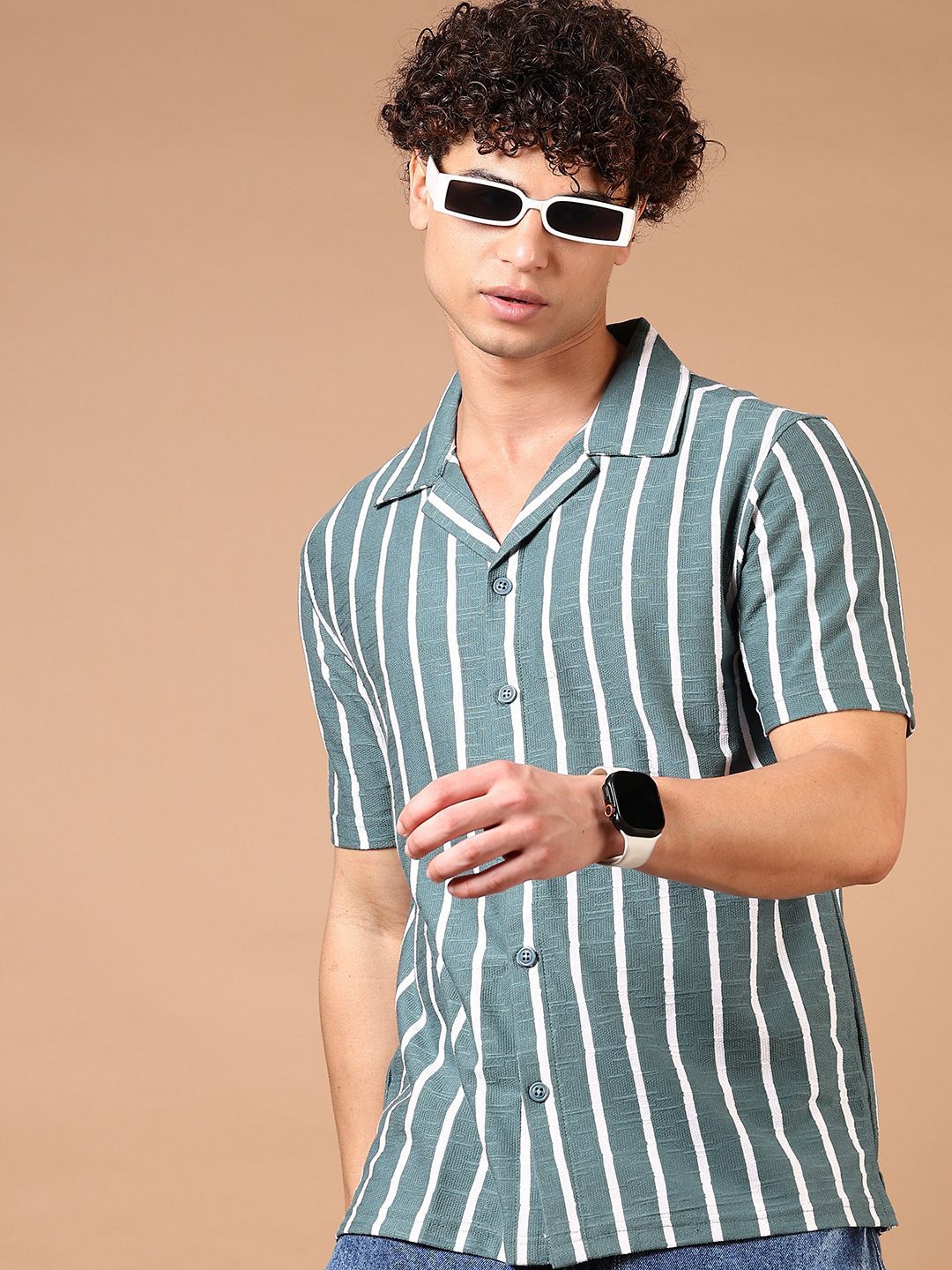 

V-Mart Men Cuban Collar Vertical Striped Cotton Casual Shirt, Green