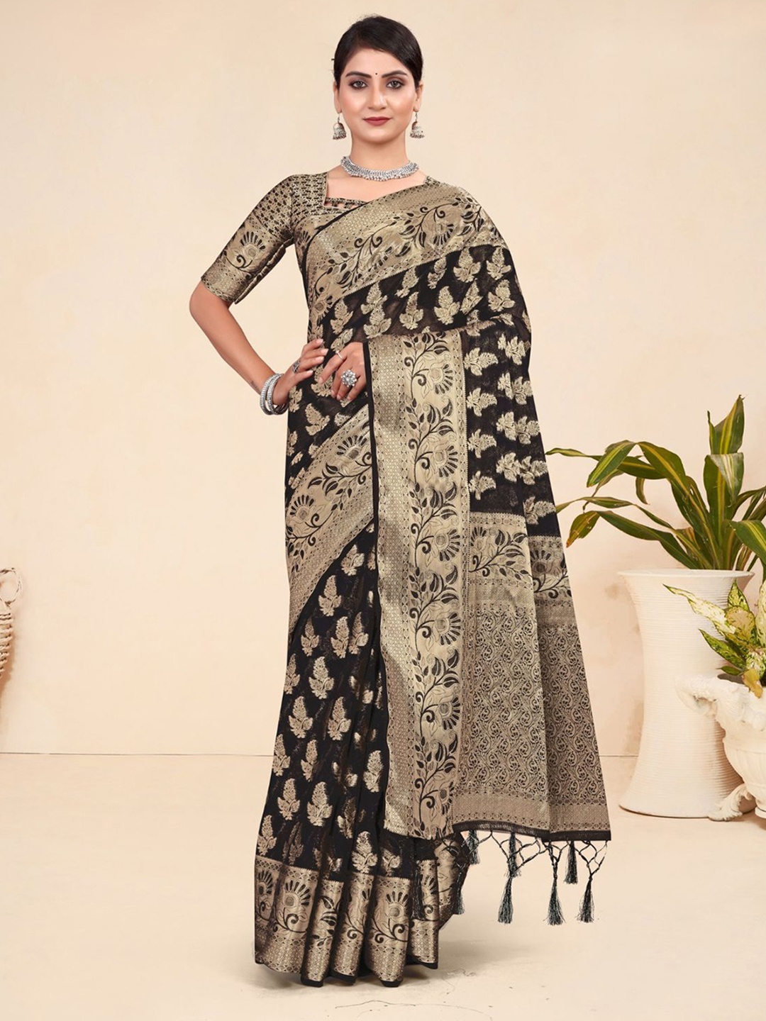

ODETTE Black Viscose Woven Saree With Unstitched Blouse For Women