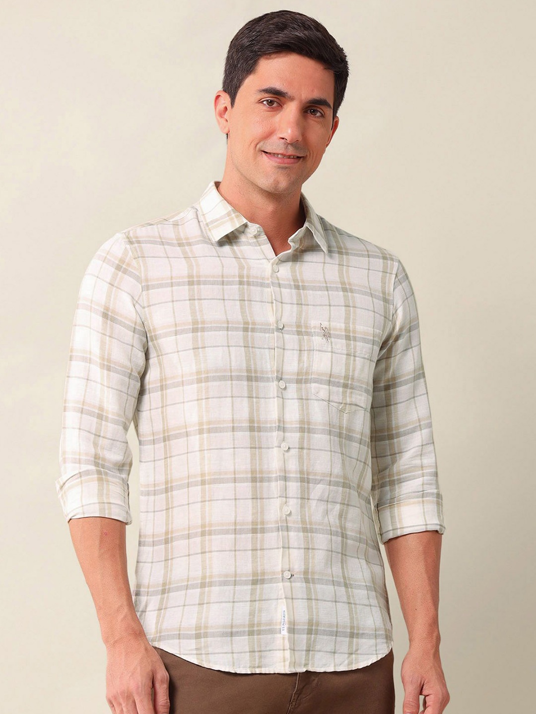

U.S. Polo Assn. Men Classic Fit Spread Collar Tartan Checked Linen Casual Shirt, Off white