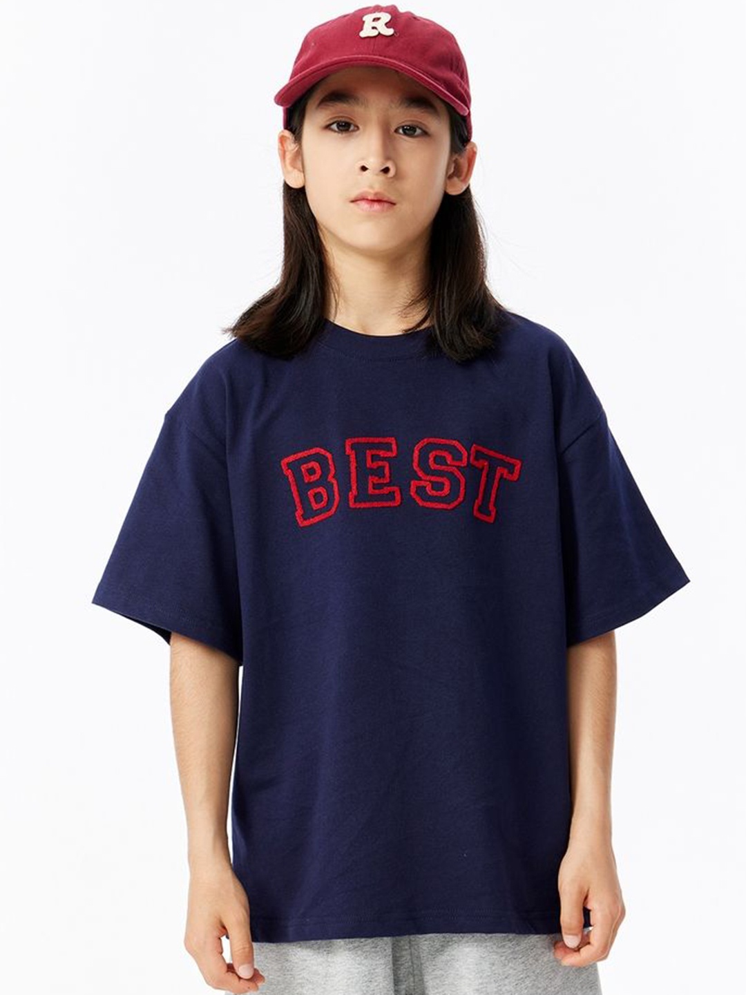 

LULU & SKY Girls Typography Printed Round Neck Cotton Oversized T-shirt, Navy blue