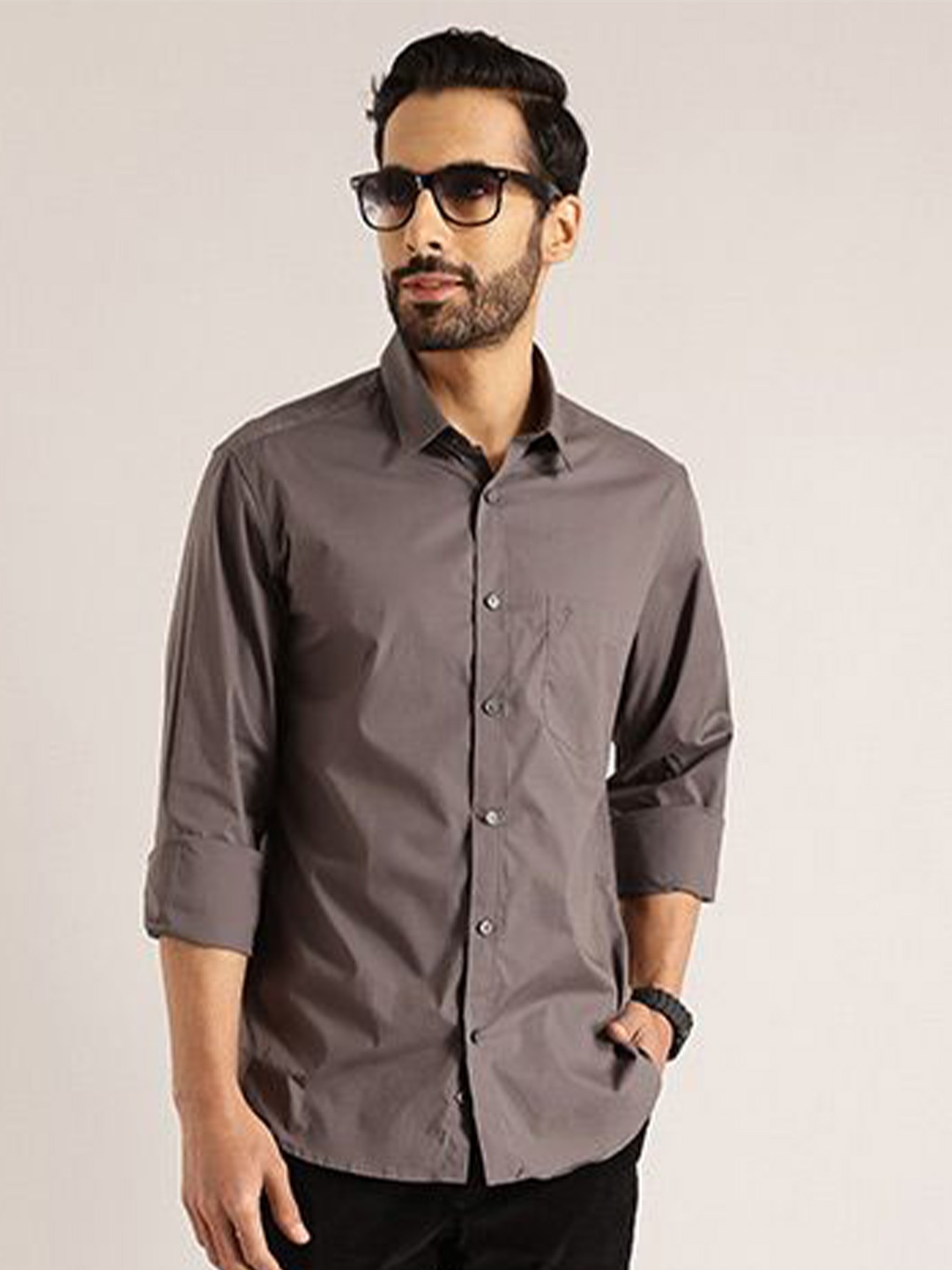 

Indian Terrain Men Classic Fit Spread Collar Solid Cotton Casual Shirt, Grey