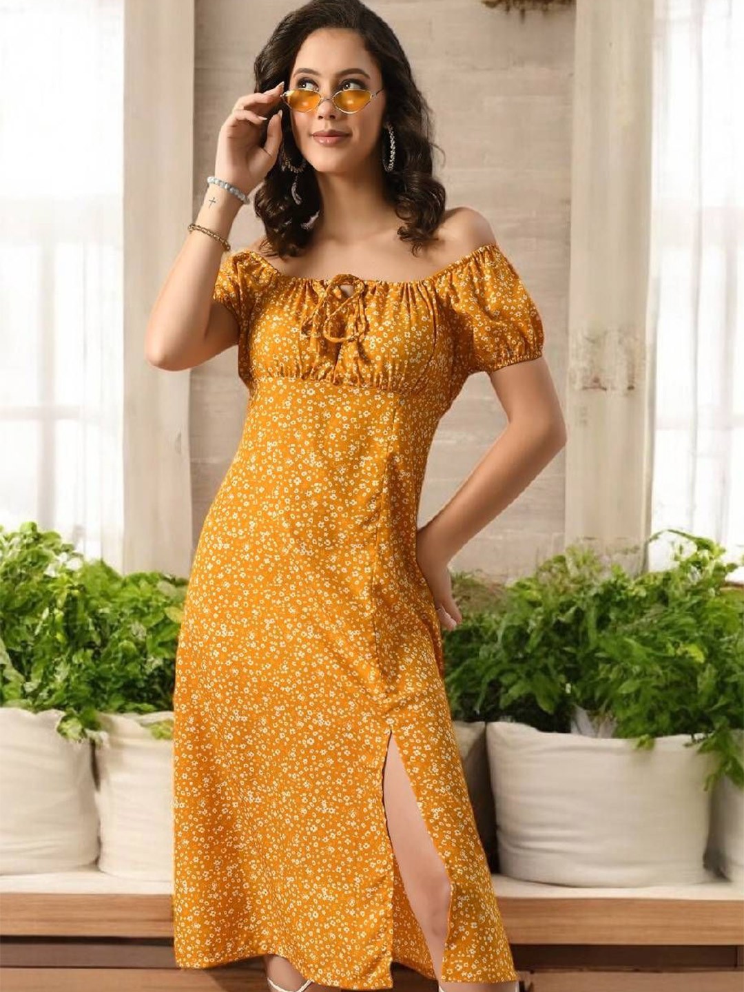 

BAESD Floral Puff Sleeve Empire Dress, Yellow