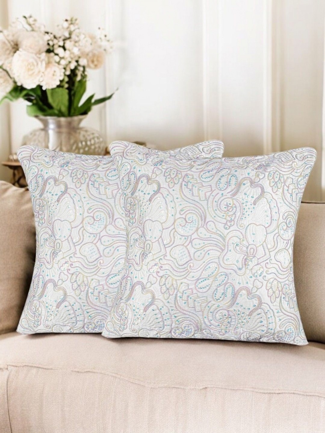 

Vendola White & Grey 2 Pieces Floral Embroidered Velvet Square Cushion Cover