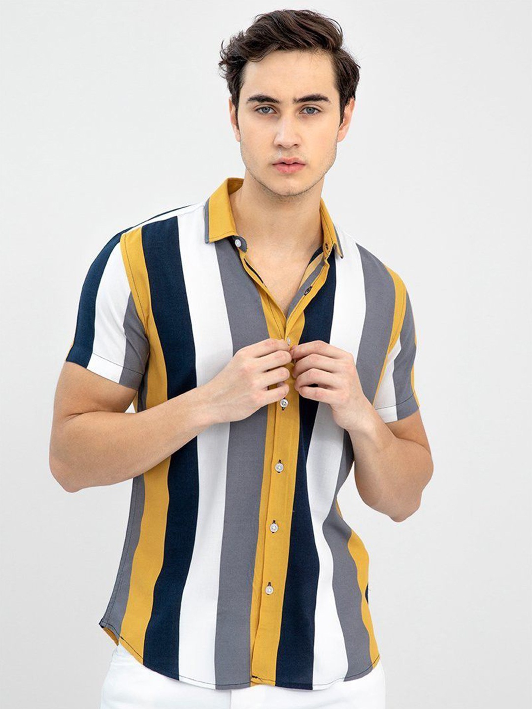 

iCome Men Spread Collar Vertical Striped Cotton Linen Casual Shirt, Yellow