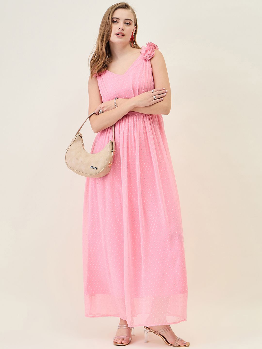 

aayu Self Design Georgette Fit & Flare Maxi Dress, Pink