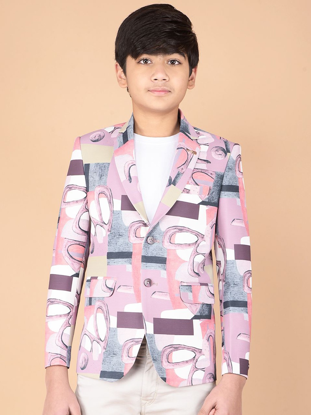 

Crimsoune Club Boys Abstract Printed Notched Lapel Collar Cotton Single-Breasted Blazer, Purple