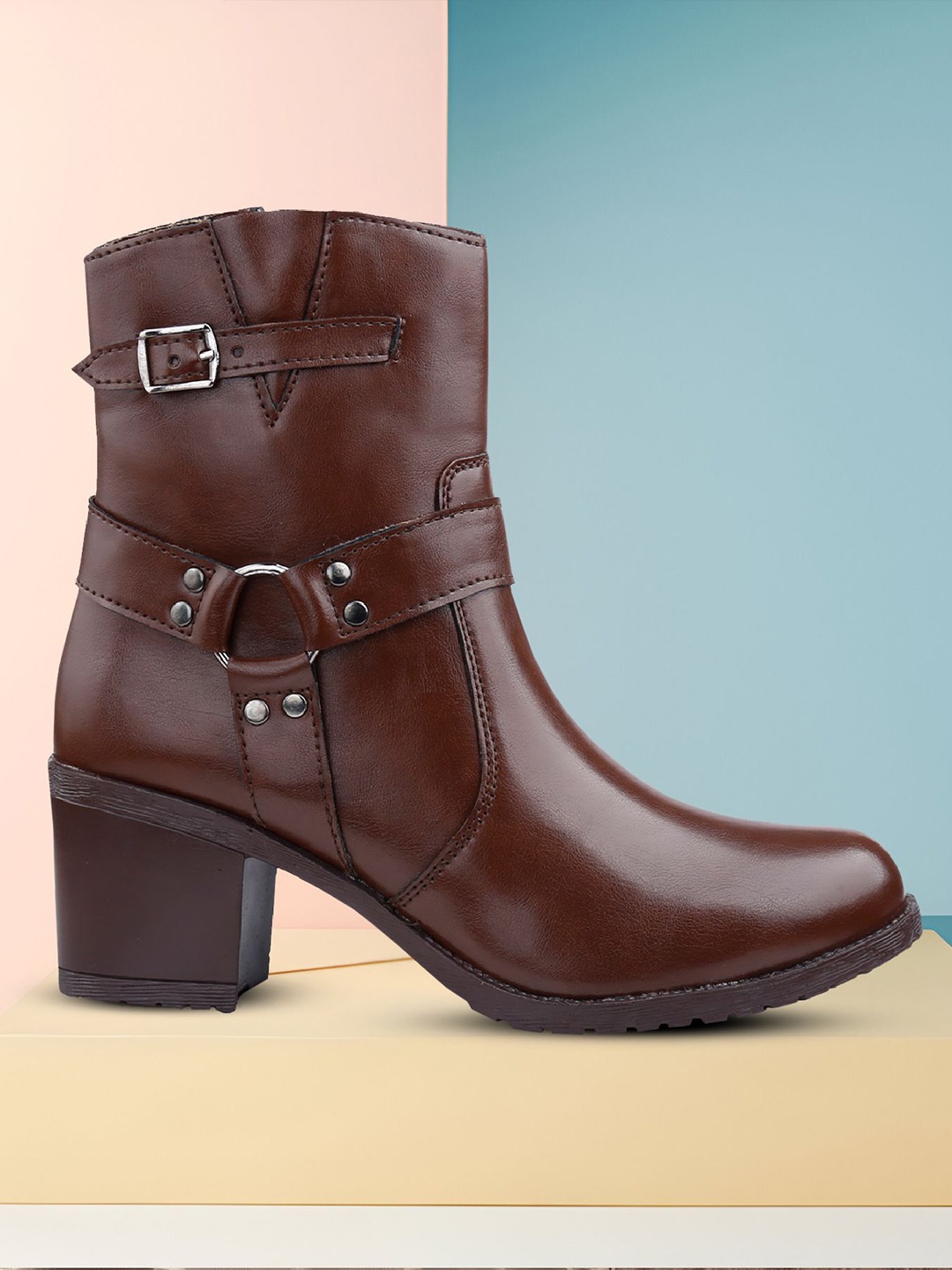

Bxxy Women Classic High Ankle Zipper Boots with Ring Design, Brown