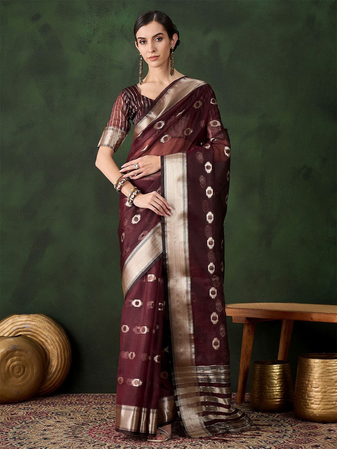 

ODETTE Woven Design Zari Organza Saree, Burgundy