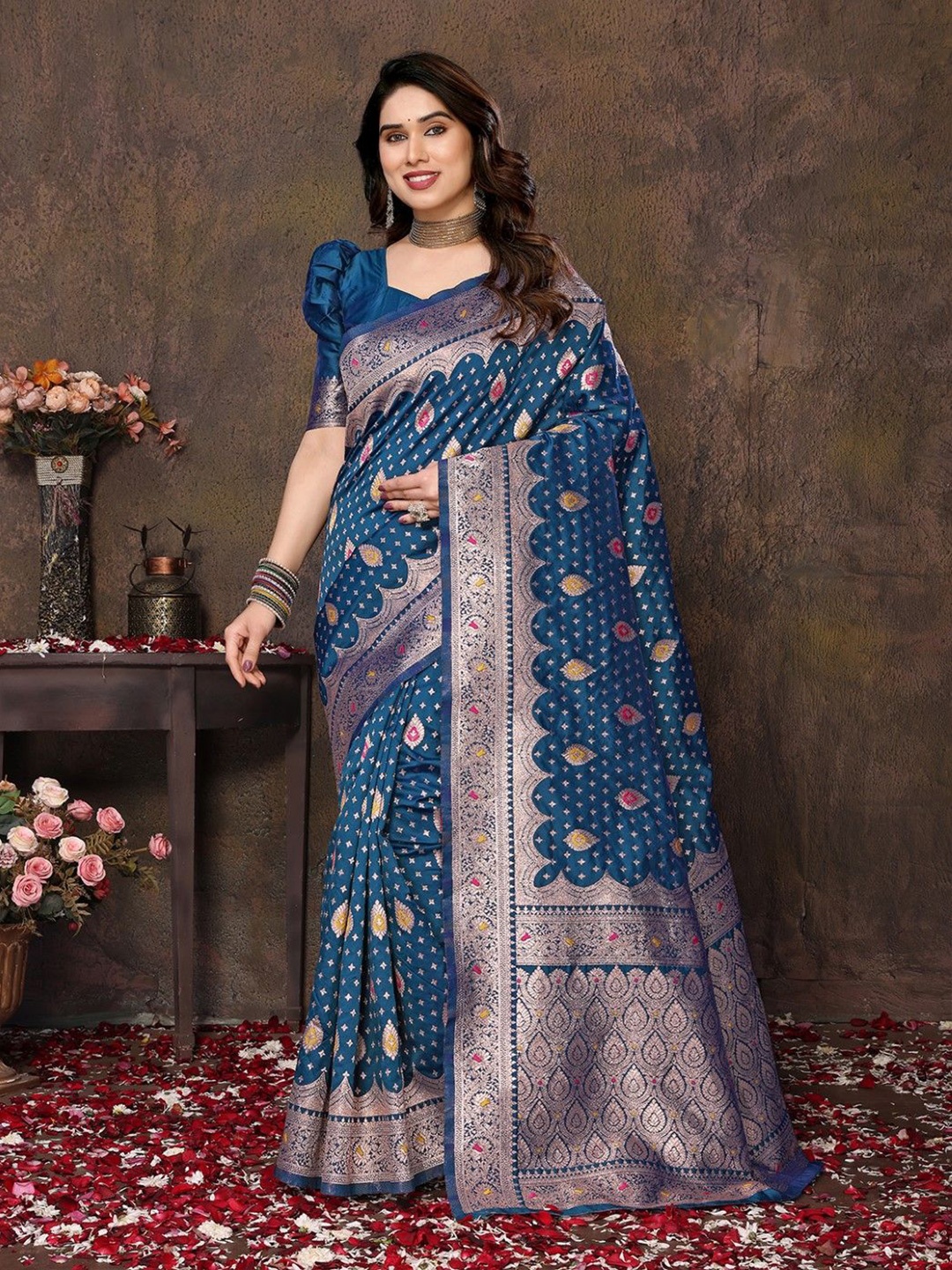 

KALINI Woven Design Silk Cotton Half and Half Banarasi Saree, Blue