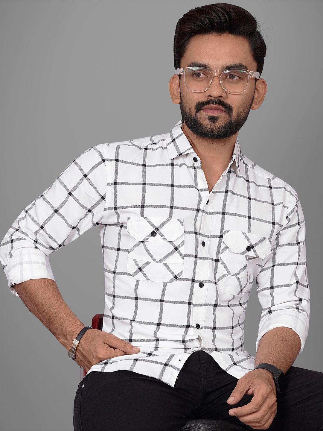 

Metronaut Men Regular Fit Spread Collar Windowpane Checked Casual Shirt, White