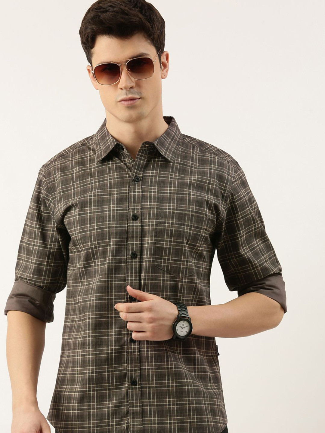 

Provogue Men Spread Collar Tartan Checked Cotton Casual Shirt, Brown