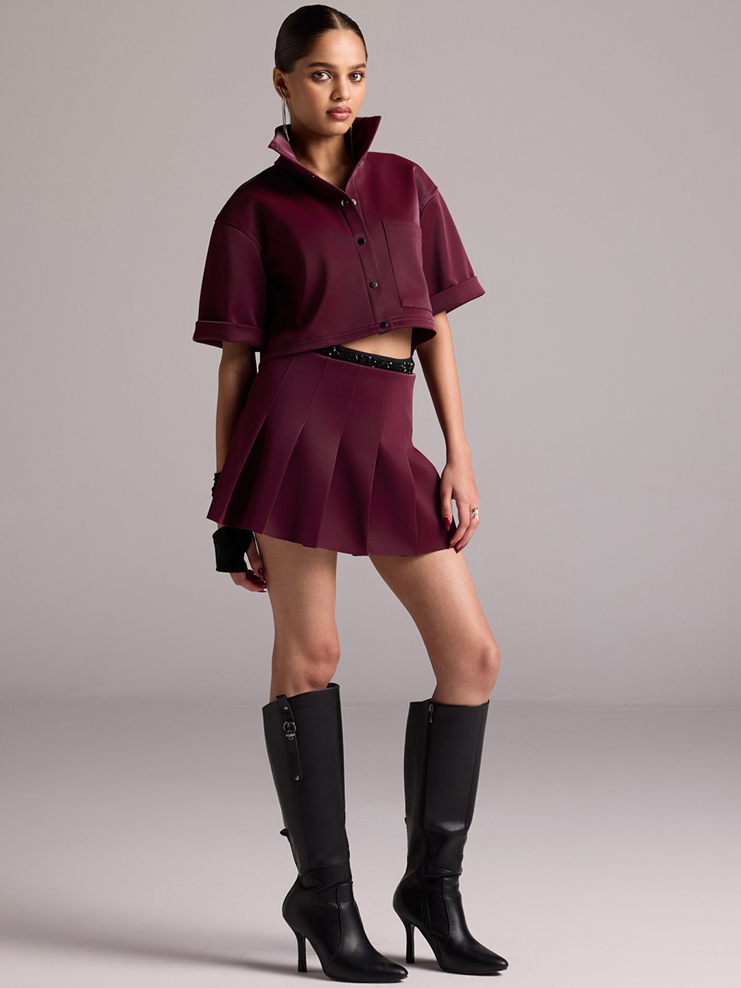 

The Dapper Lady Solid Pleated Flared Mini Skirt, Burgundy