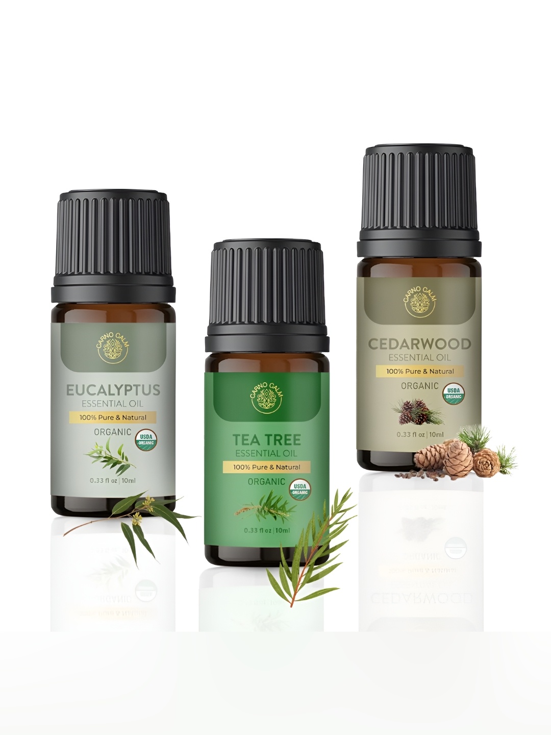 

Carno Calm Set Of 3 Green Eucalyptus Tea Tree & Cedarwood Essential Oils -10 ml Each