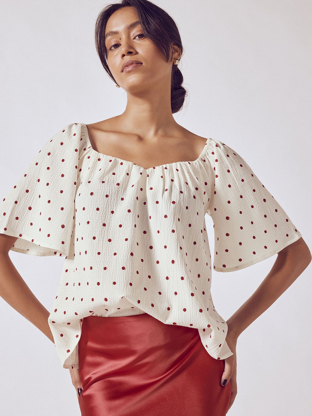 

The Label Life Women Red Polka Flared Sleeves Sweetheart Top, White
