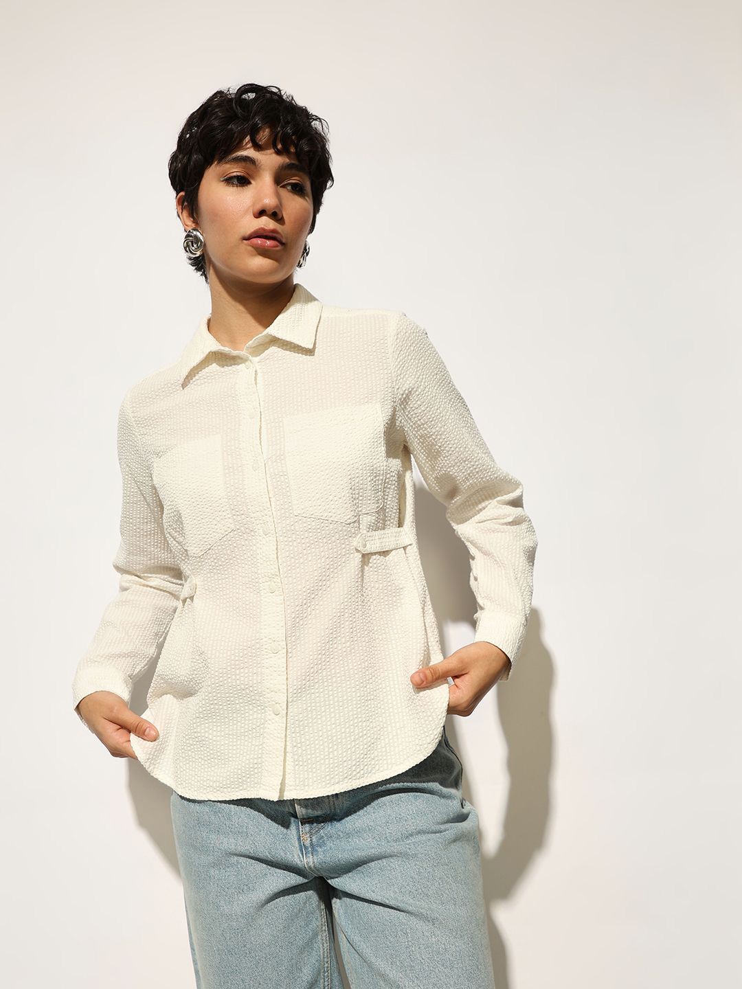

ONLY Women Spread Collar Textured Cotton Casual Shirt, Cream