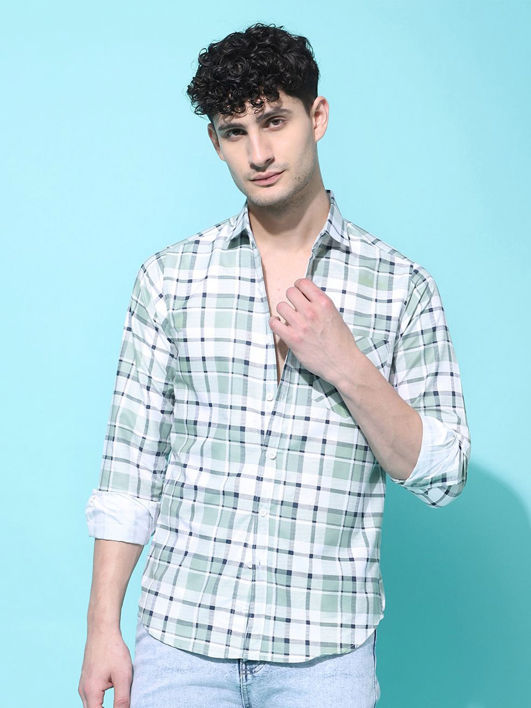 

Metronaut Men Regular Fit Spread Collar Checked Cotton Casual Shirt, Green