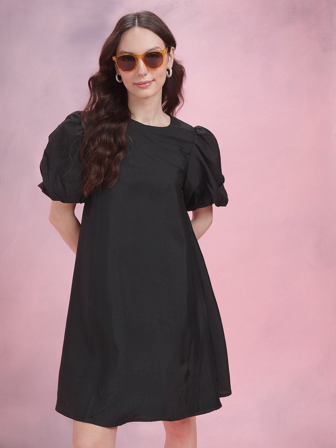 

DressBerry Puff Sleeve A-Line Dress, Black