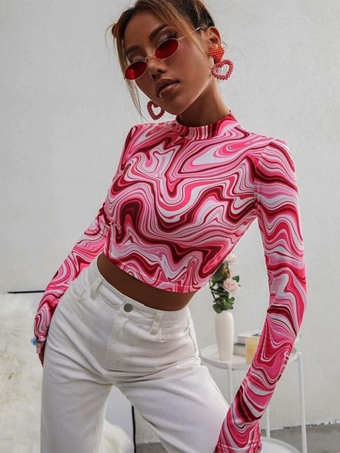 

NiloBerry Abstract Printed High Neck Crop Top, Pink