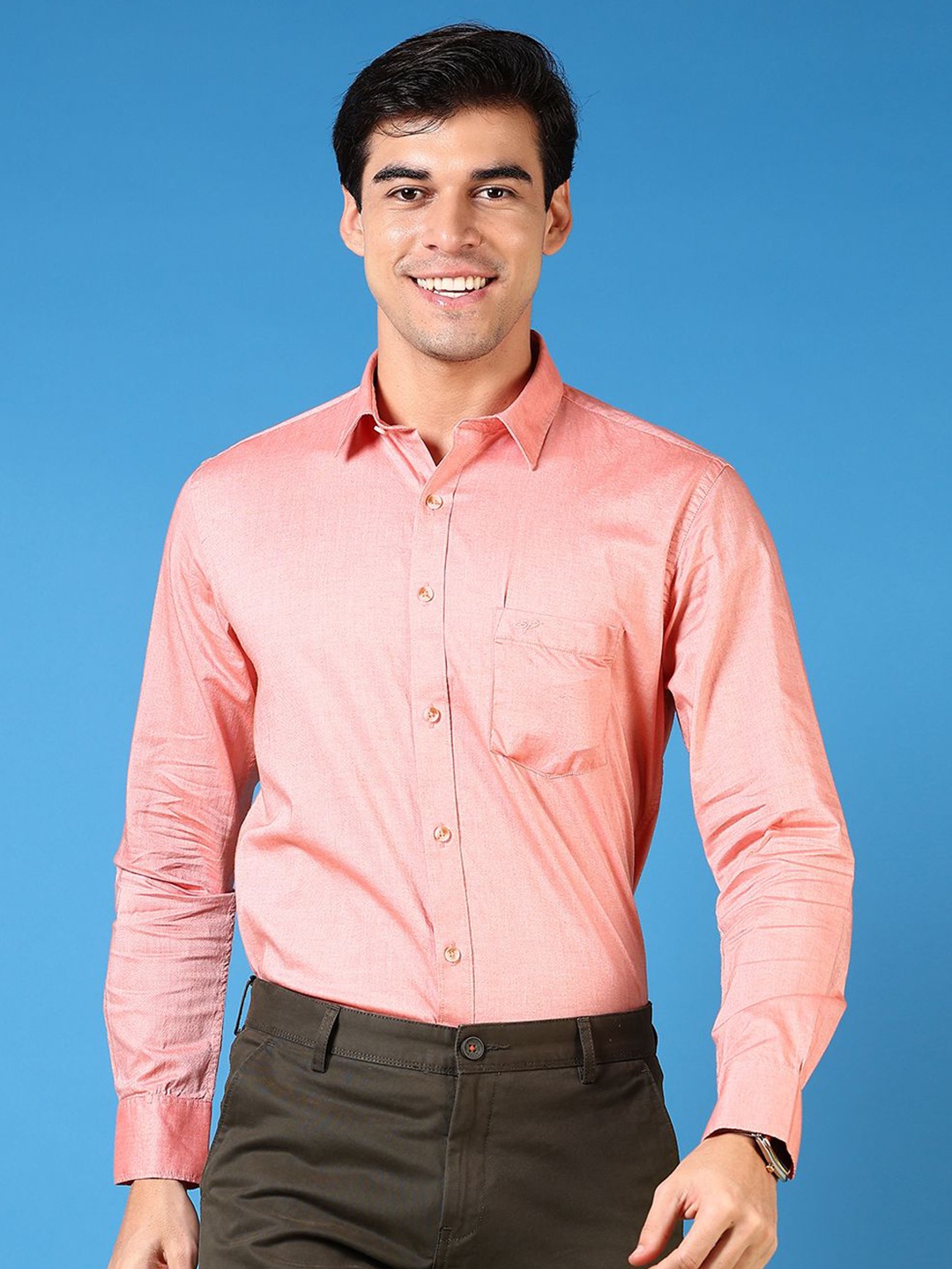 

V-Mart Men Slim Fit Spread Collar Solid Cotton Formal Shirt, Coral