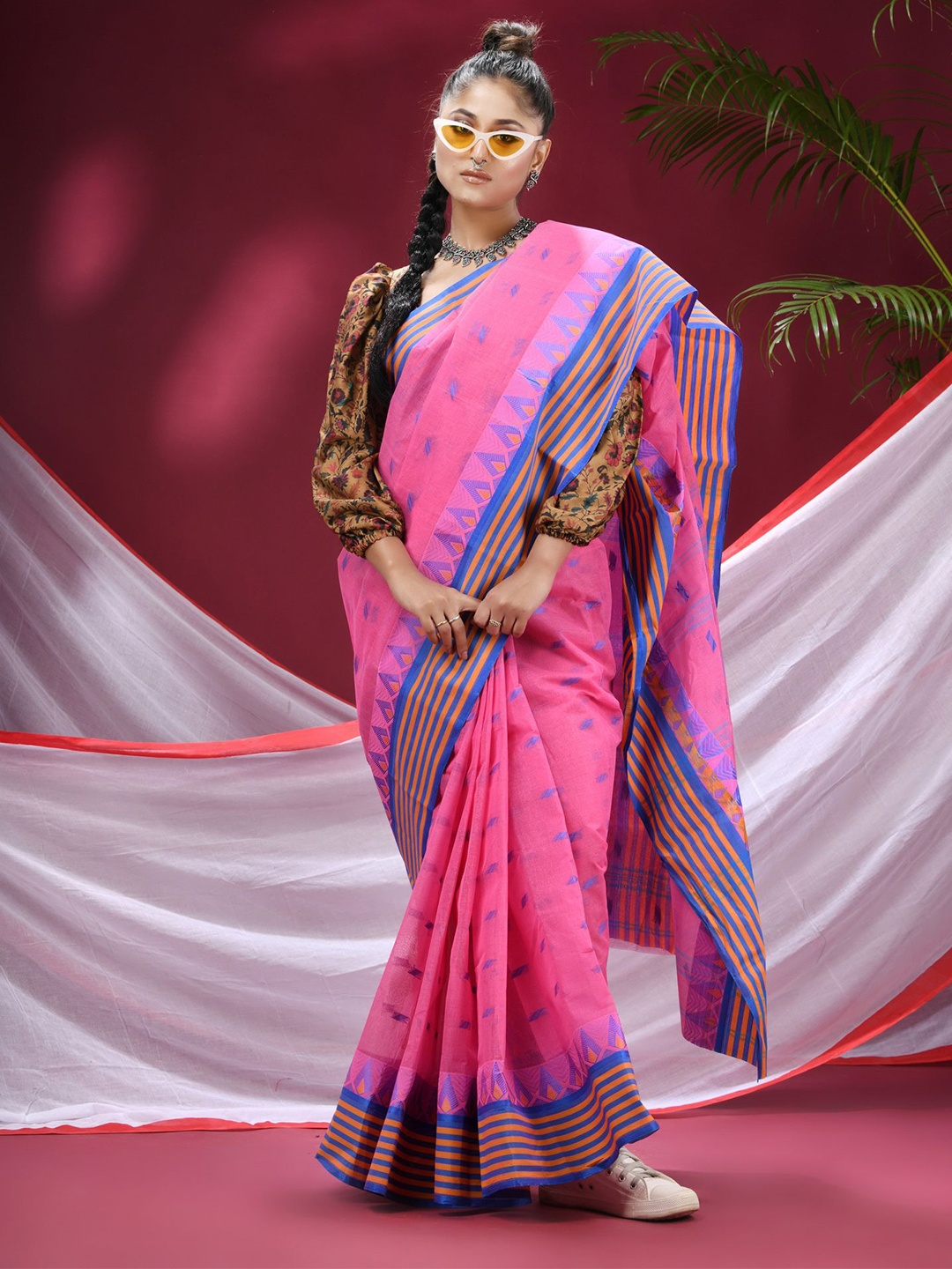 

TANTLOOM Ethnic Motifs Pure Cotton Saree, Pink