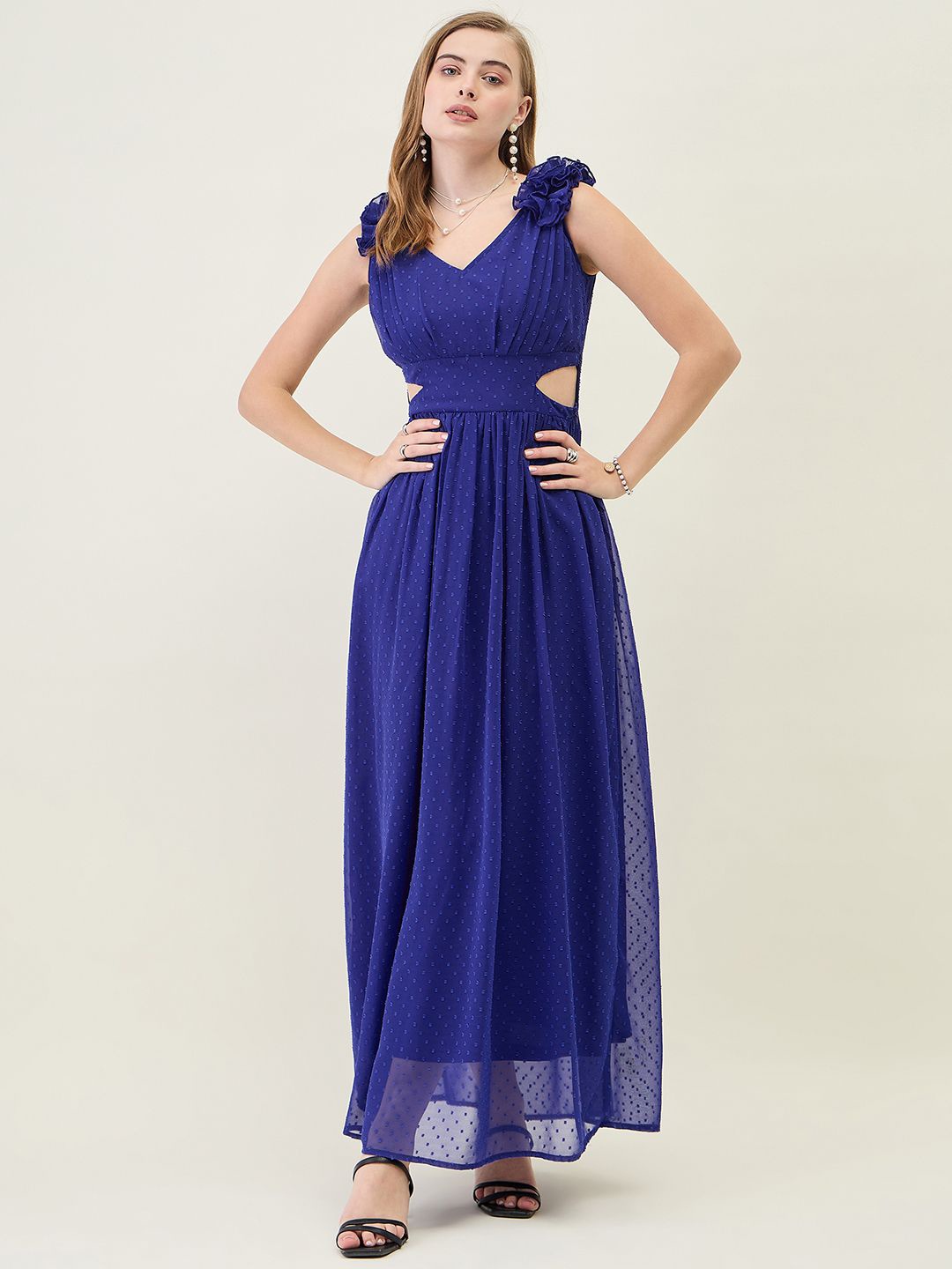 

aayu V-Neck Georgette Cut-Out Detailed Fit & Flare Maxi Dress, Blue