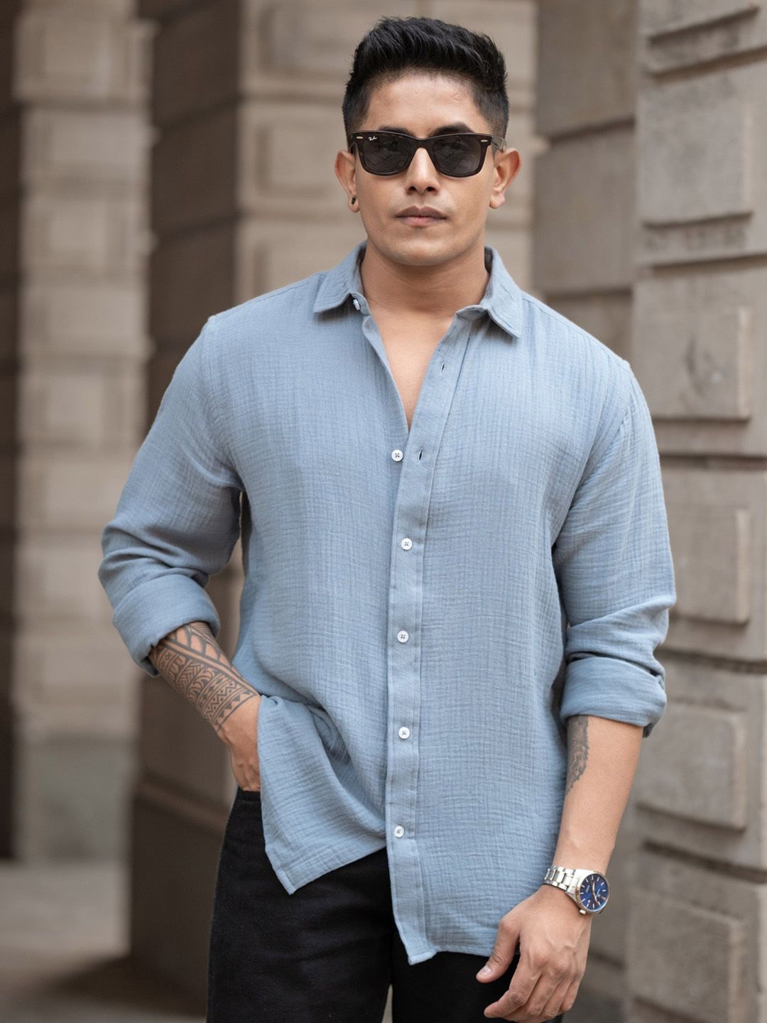 

Powerlook Men Regular Fit Spread Collar Textured Cotton Casual Shirt, Grey