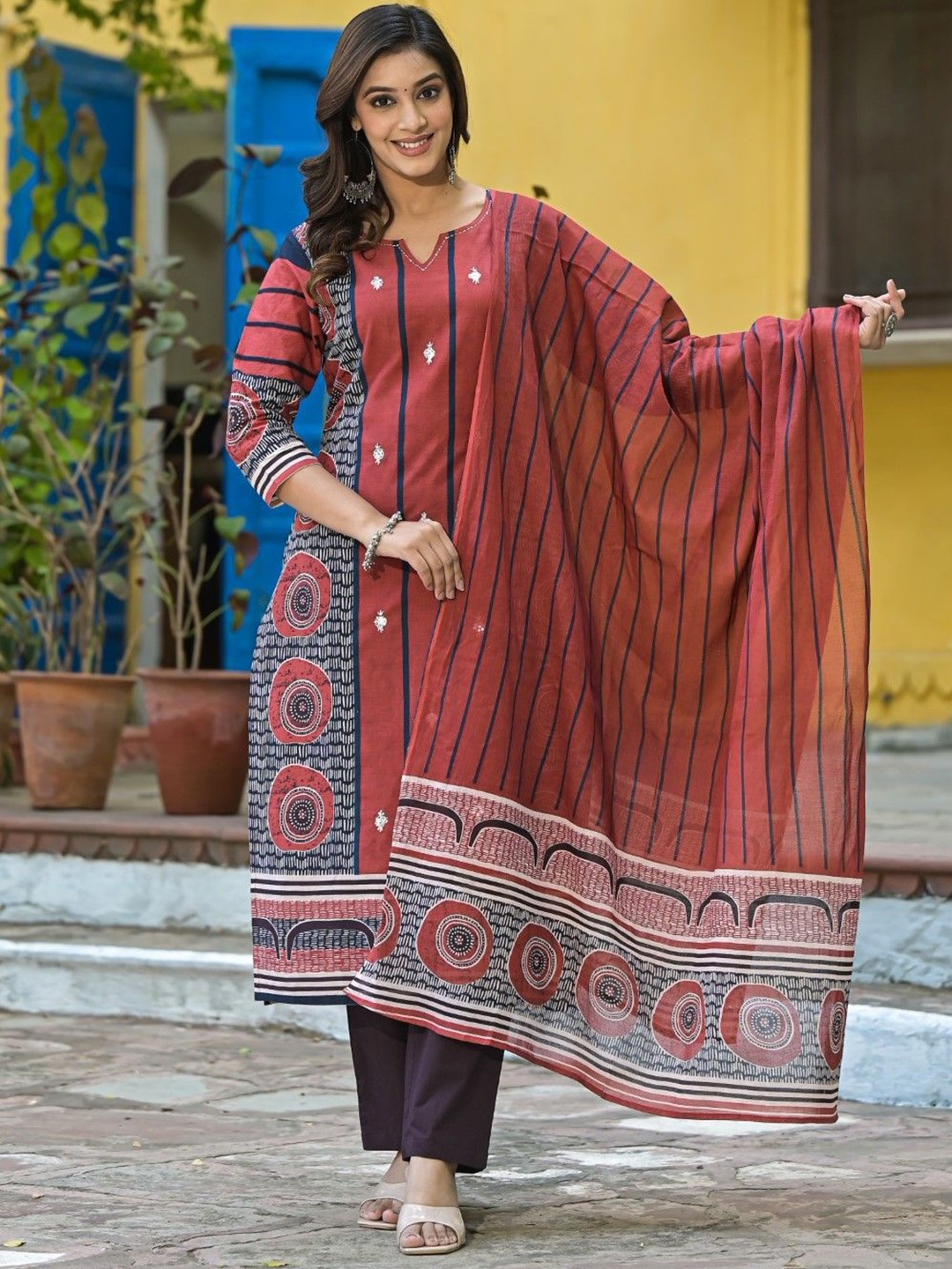 

AUTUMN LANE Floral Printed Notch Neck Pure Cotton Straight Kurta With Trouser And Dupatta, Red