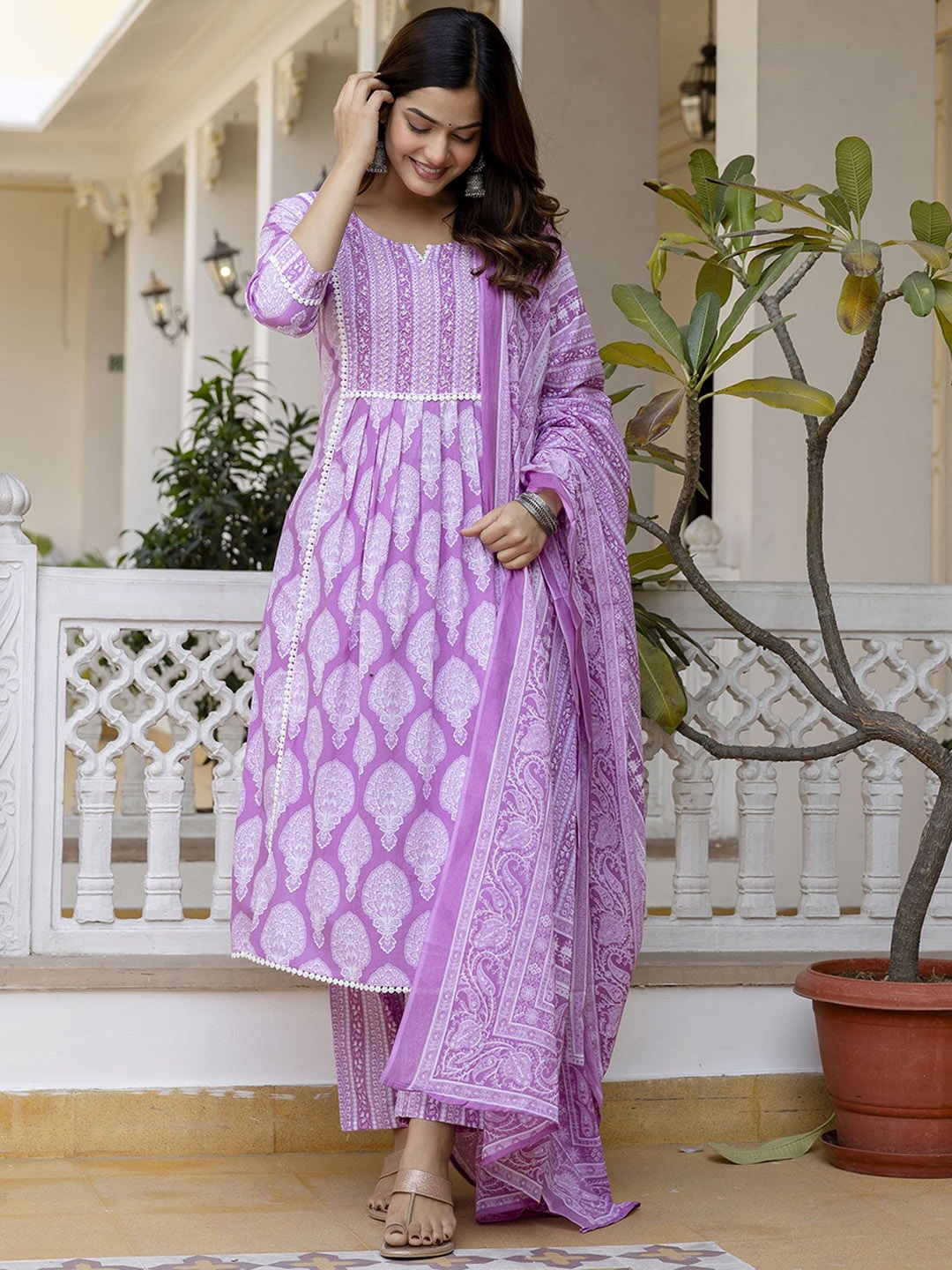 

Anouk Women Floral Embroidered Regular Beads and Stones Pure Cotton Kurta with Trousers & With Dupatta, Lavender