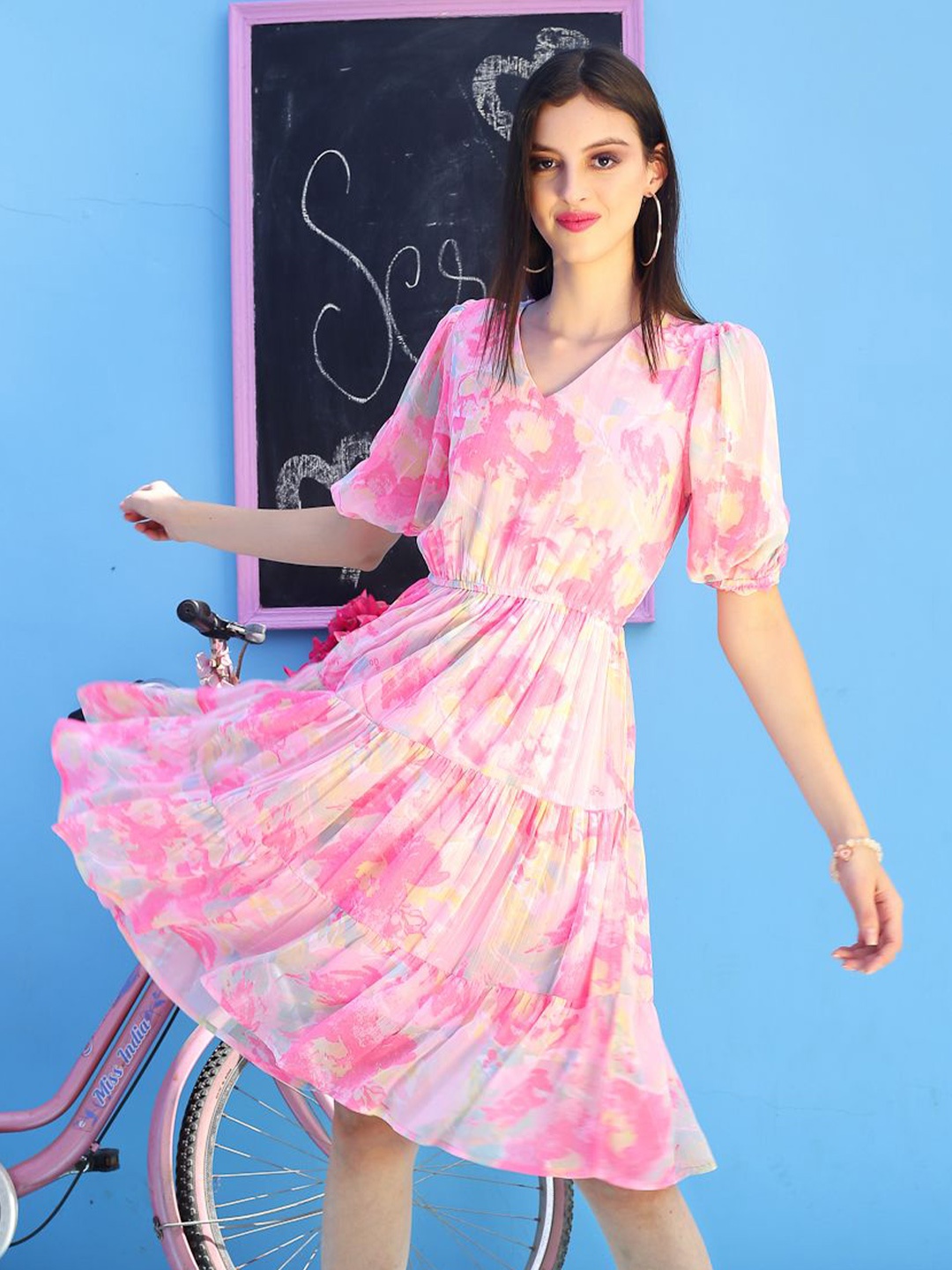 

Sera Women Floral Printed Tiered Gathered Fit & Flare Dress, Pink