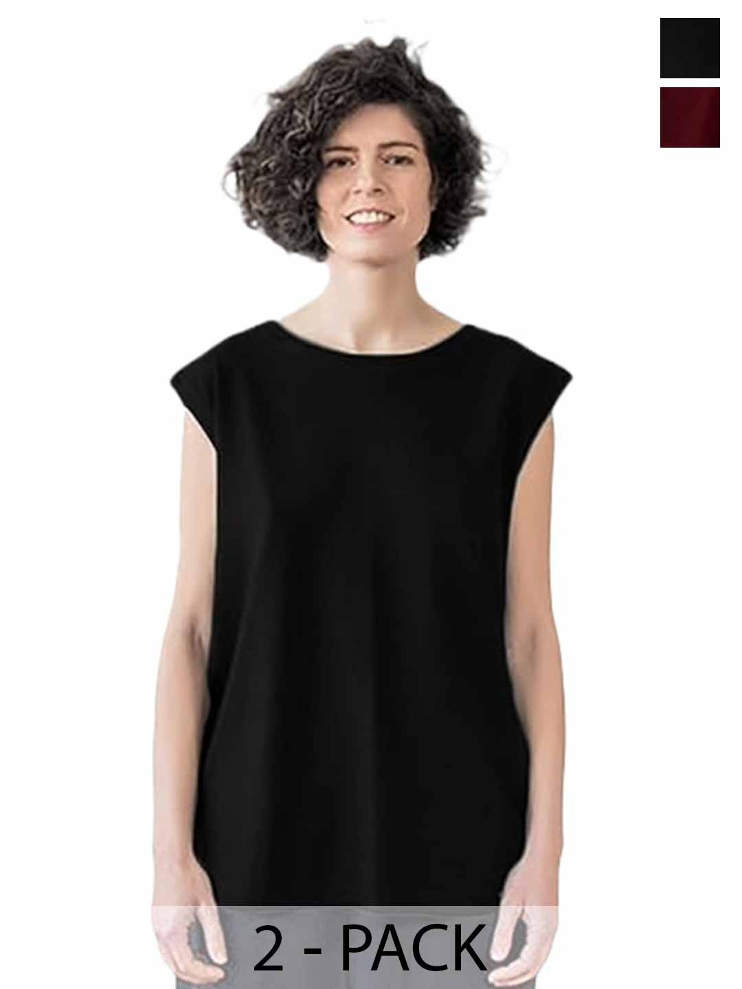 

NOTWILD Women Pack Of 2 Solid Round Neck Relaxed Fit Cotton T-shirts, Black