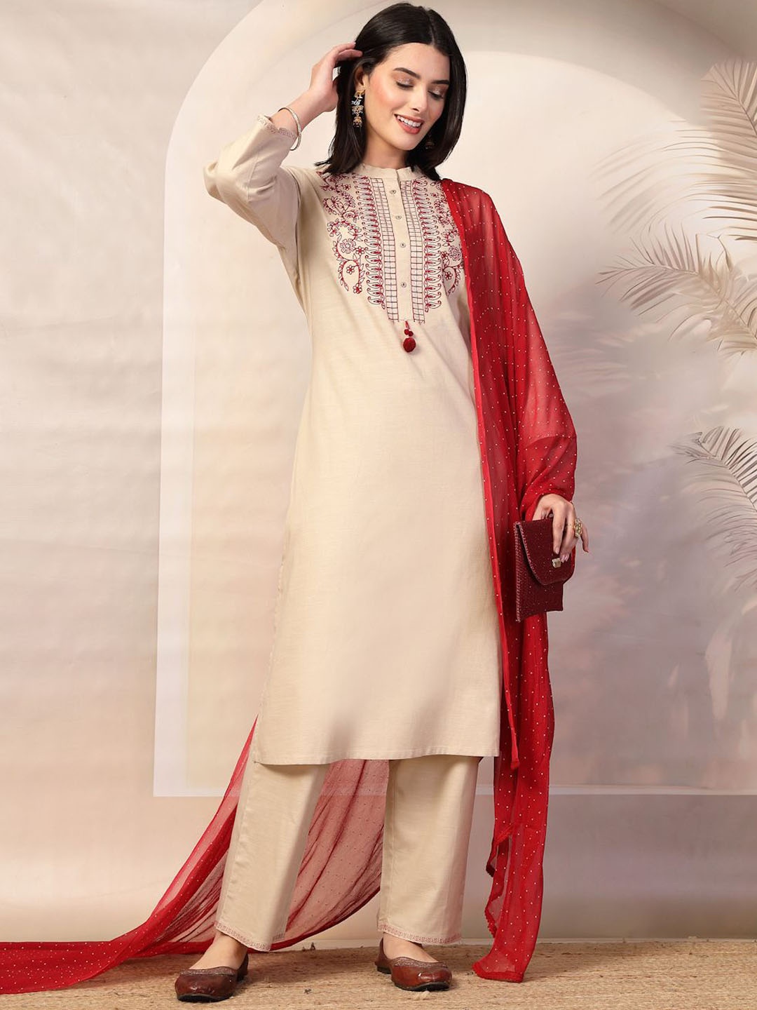 

Nayam By Lakshita Women Ethnic Motifs Yoke Design Kurta with Trouser with Dupatta, Beige