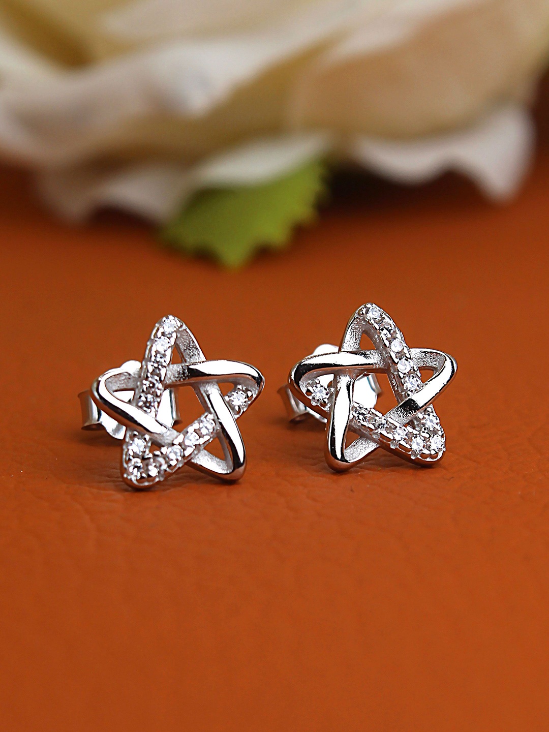 

DEVASHREE 925 Silver Rhodium-Plated Cubic Zirconia Studded Star Shaped Studs