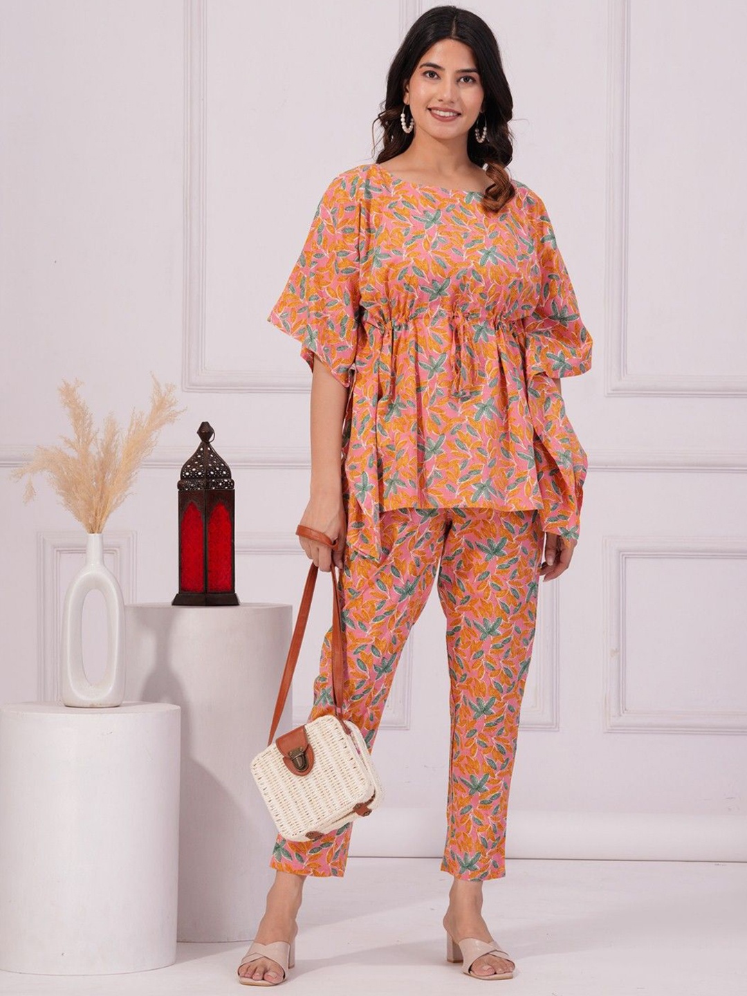 

COTNUF Printed Pure Cotton Tunic With Trouser Co-Ords, Peach