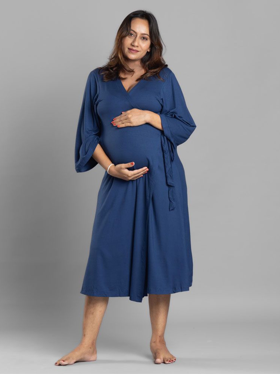 

Block Hop Women Maternity Blue Wrap Gown Dress