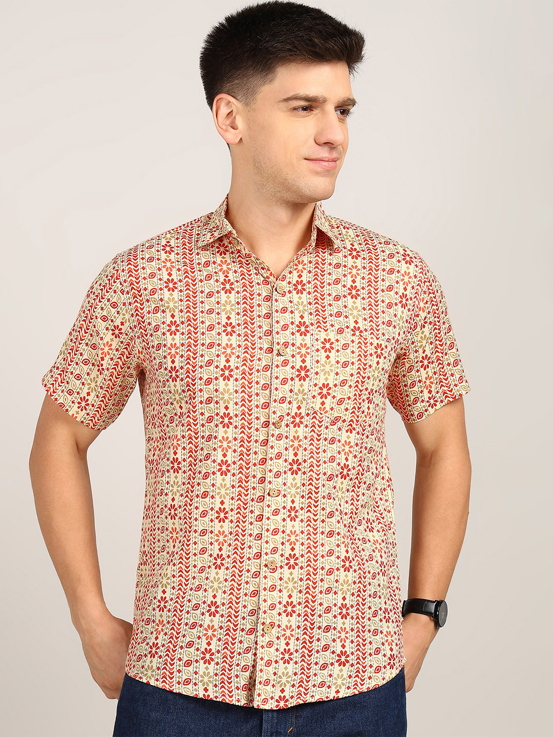 

Label Ceres Men Classic Fit Spread Collar Floral Printed Cotton Casual Shirt, Cream