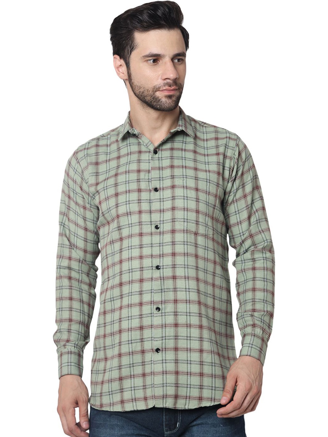 

iCome Men Spread Collar Checked Cotton Linen Casual Shirt, Green