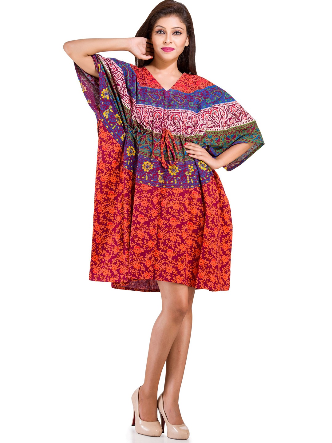 

HANDICRAFT PALACE Mandala Printed Cotton Kimono Sleeves Kaftan Dress, Maroon