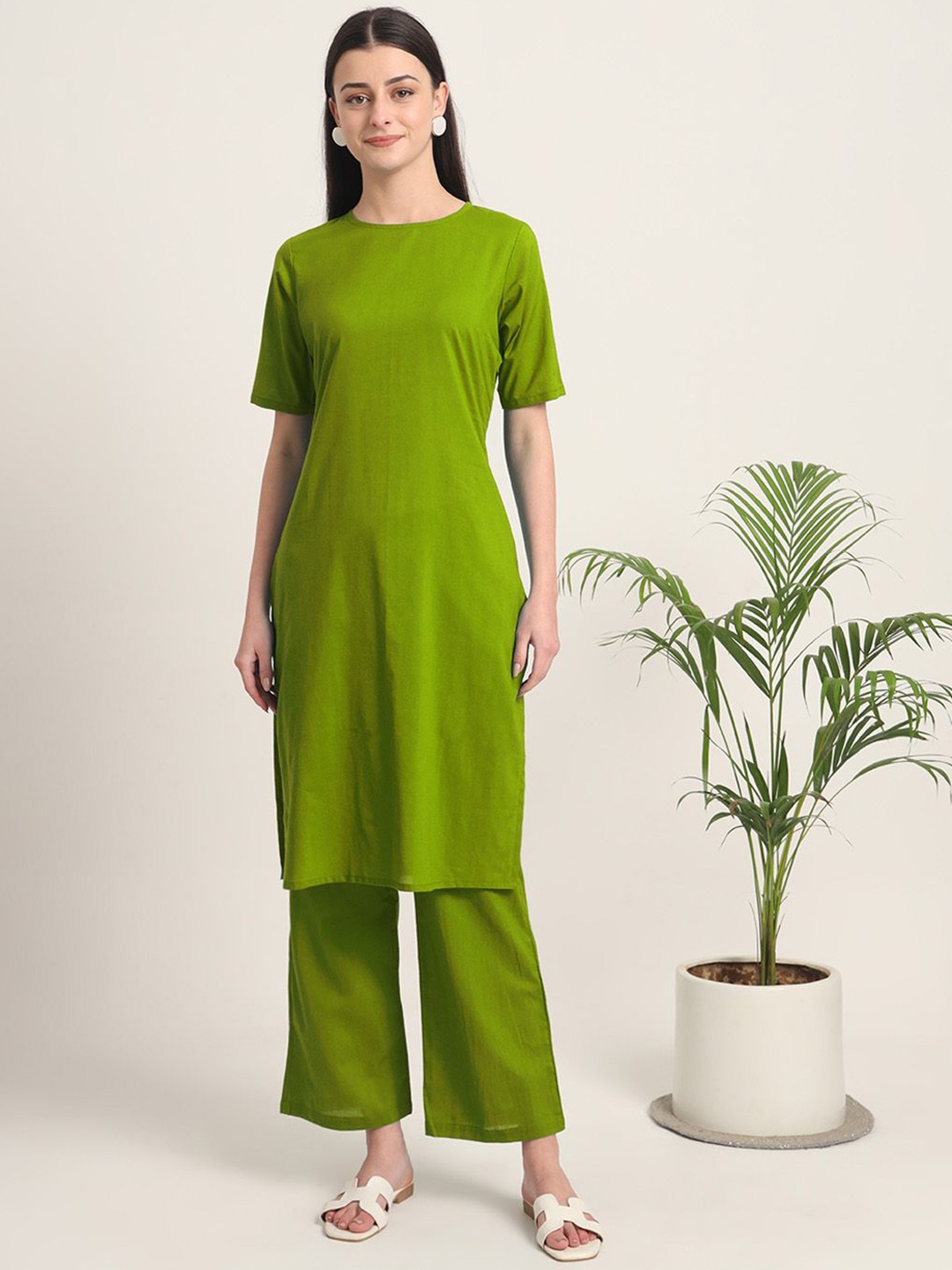 

Thevasa Round Neck Pure Cotton Tunic With Trousers, Green