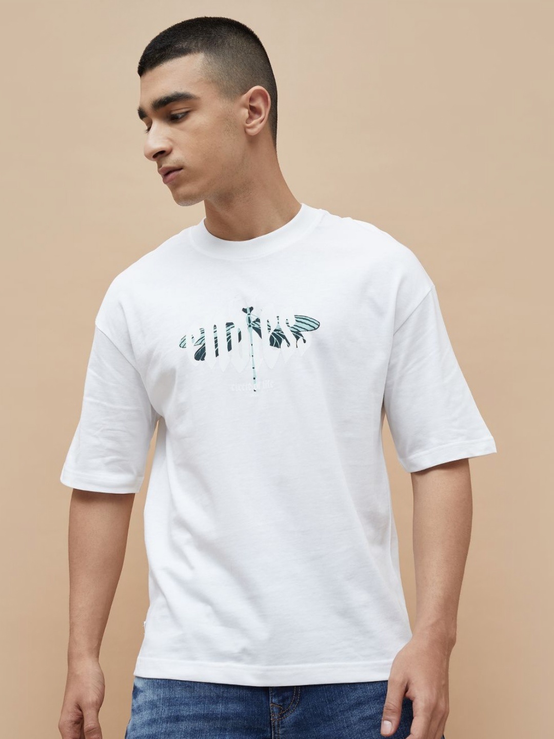

Forca Men Graphic Printed Round Neck Cotton Oversized T-shirt, White