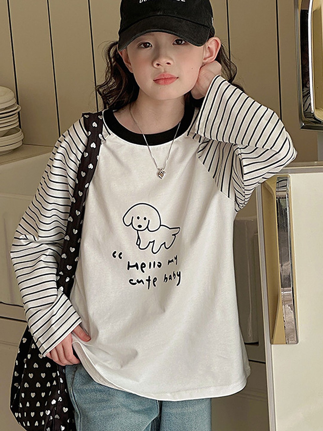 

LULU & SKY Girls Striped Round Neck Relaxed Fit T-shirt, White