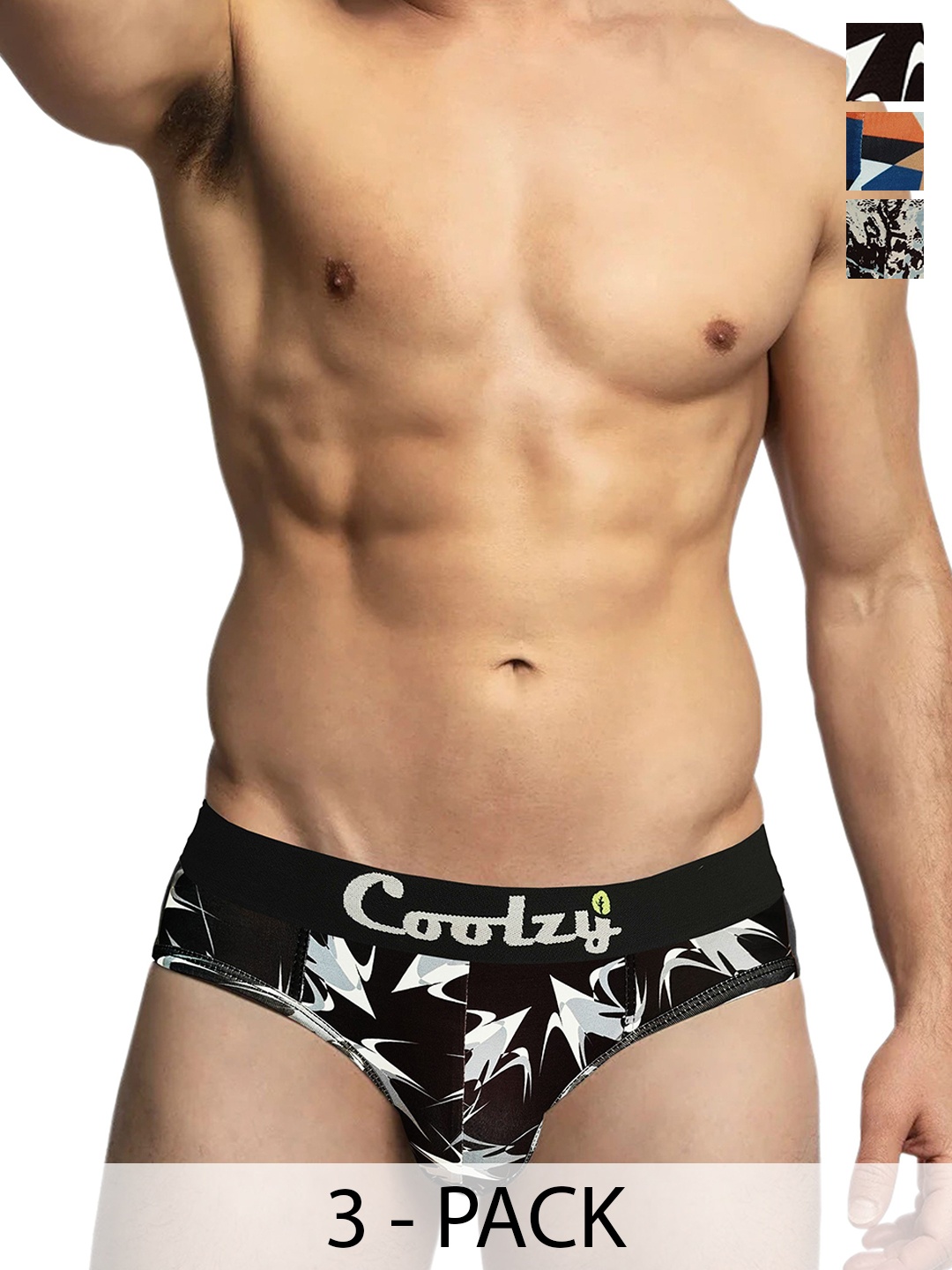 

Coolzy Pack Of 3 Printed Mid-Rise Basic Briefs RUCPBF3K057-L, Black