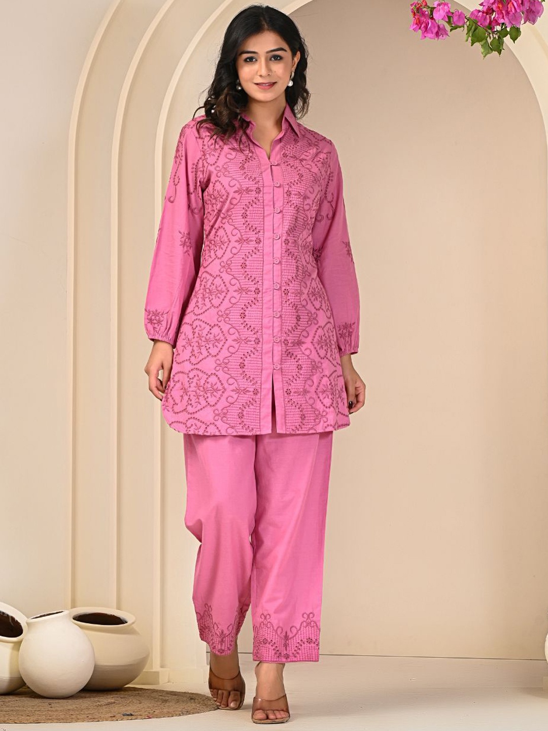 

Zolo Label Floral Embroidered Shirt Collar Tunic & Trousers Co-Ords Set, Pink