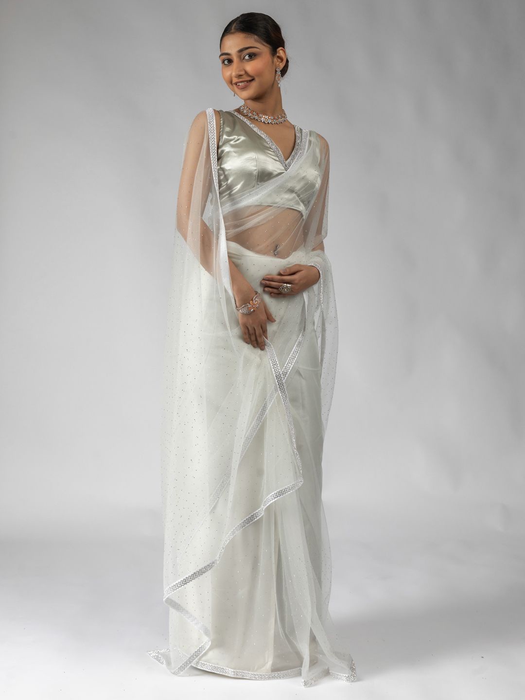 

Saree mall Embellished Beads and Stones Net Ready to Wear Sarees, White