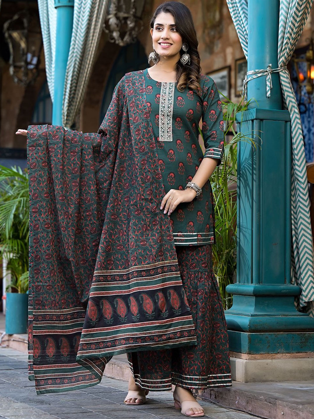 

KALINI Floral Printed Zari Work Pure Cotton Straight Kurta With Sharara And Dupatta, Green
