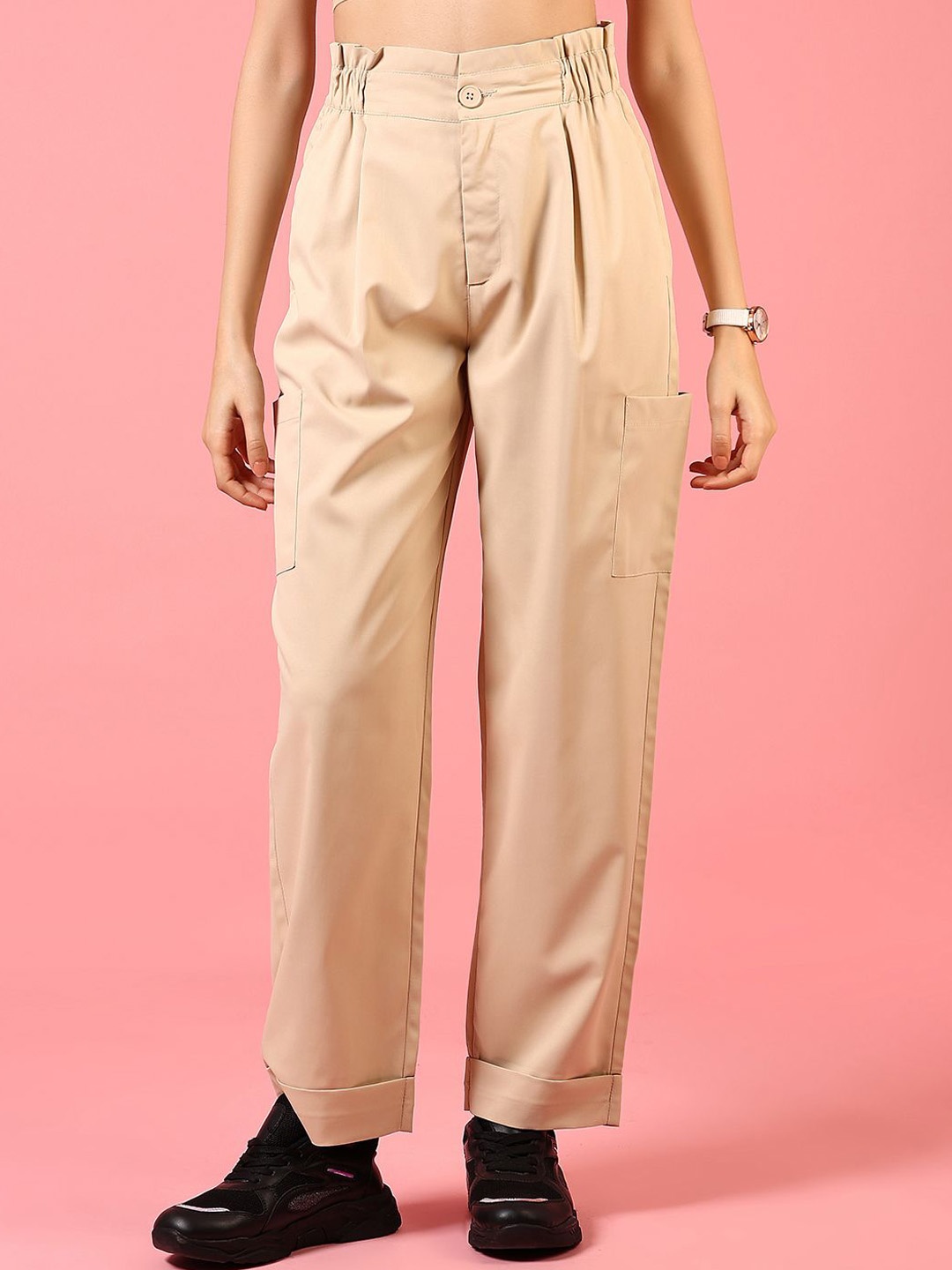 

V-Mart Women Solid Cotton High-Rise Twill Trousers, Beige