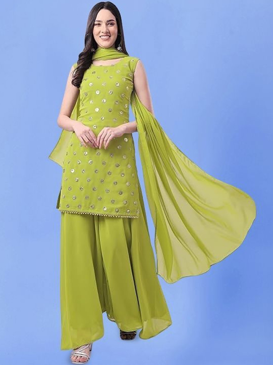 

PARROT CREATION Geometric Embroidered Sequinned Georgette Kurti with Sharara And Dupatta, Lime green